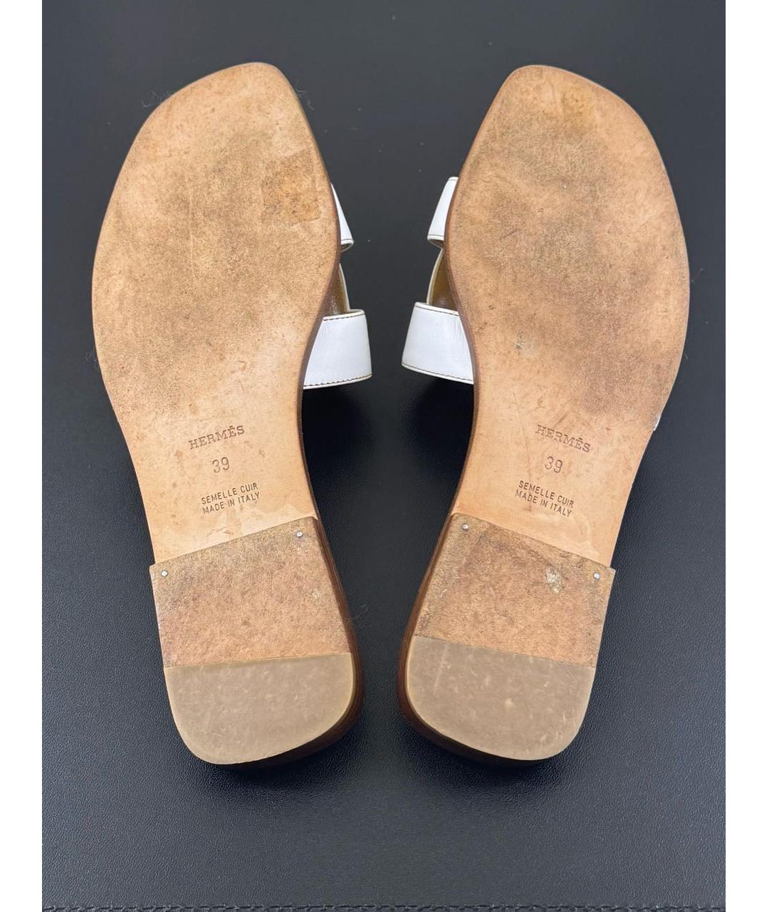 HERMES Белые кожаные шлепанцы, фото 8