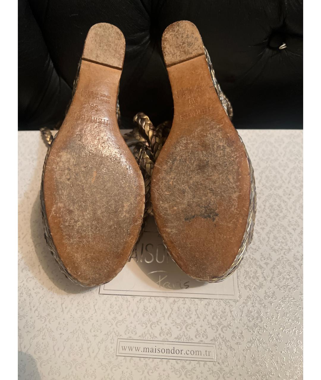 HERMES Золотые кожаные босоножки, фото 5