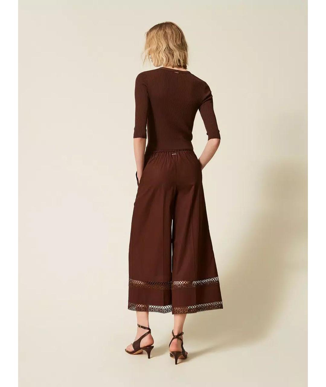 TWIN-SET Коричневые хлопковые прямые брюки, фото 3