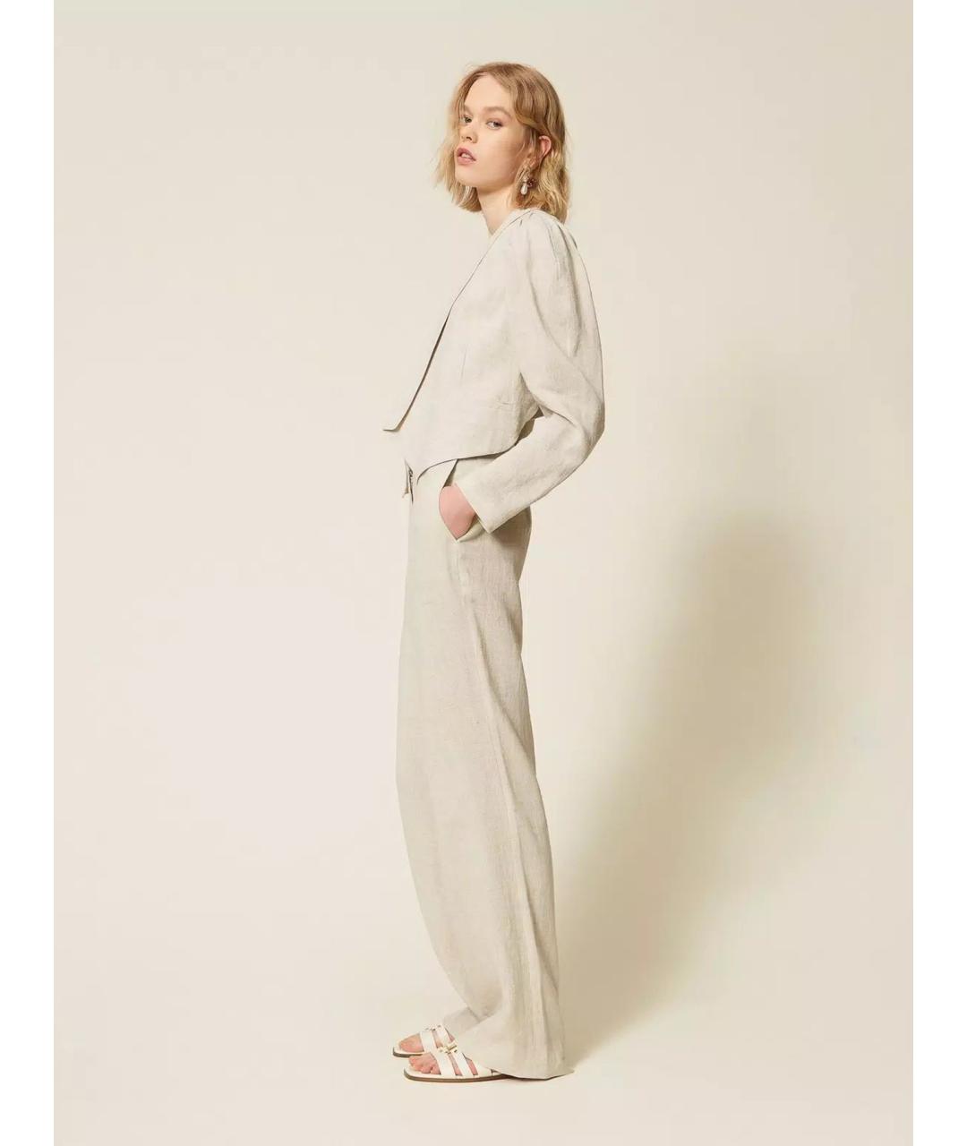 TWIN-SET Бежевые льняные прямые брюки, фото 4