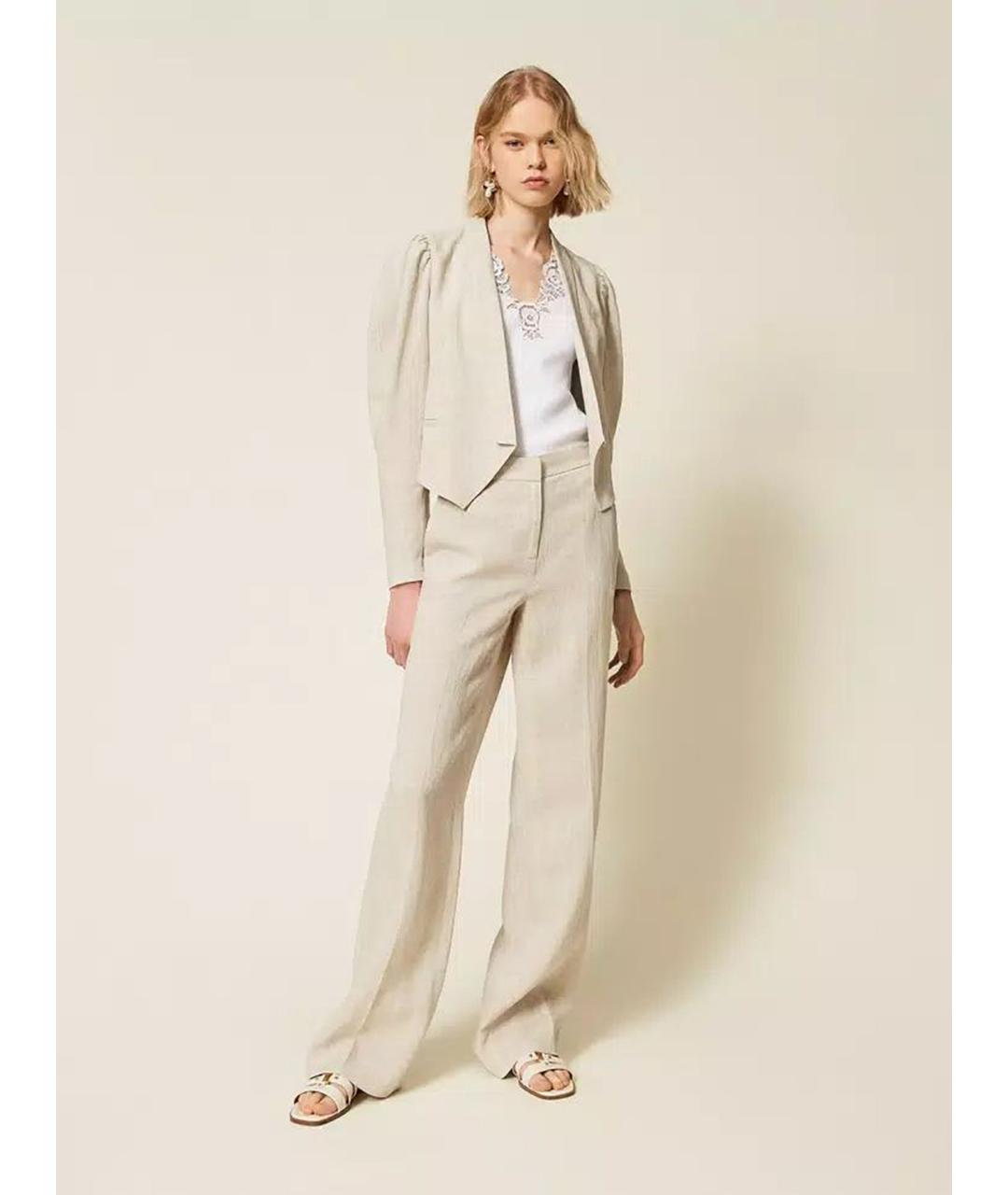 TWIN-SET Бежевые льняные прямые брюки, фото 3