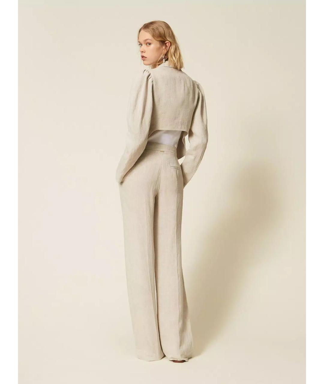 TWIN-SET Бежевые льняные прямые брюки, фото 5