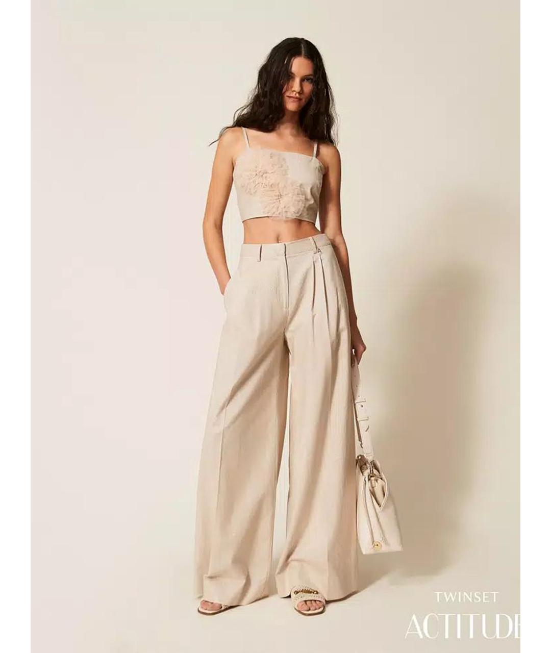 TWIN-SET Бежевые хлопковые брюки широкие, фото 3