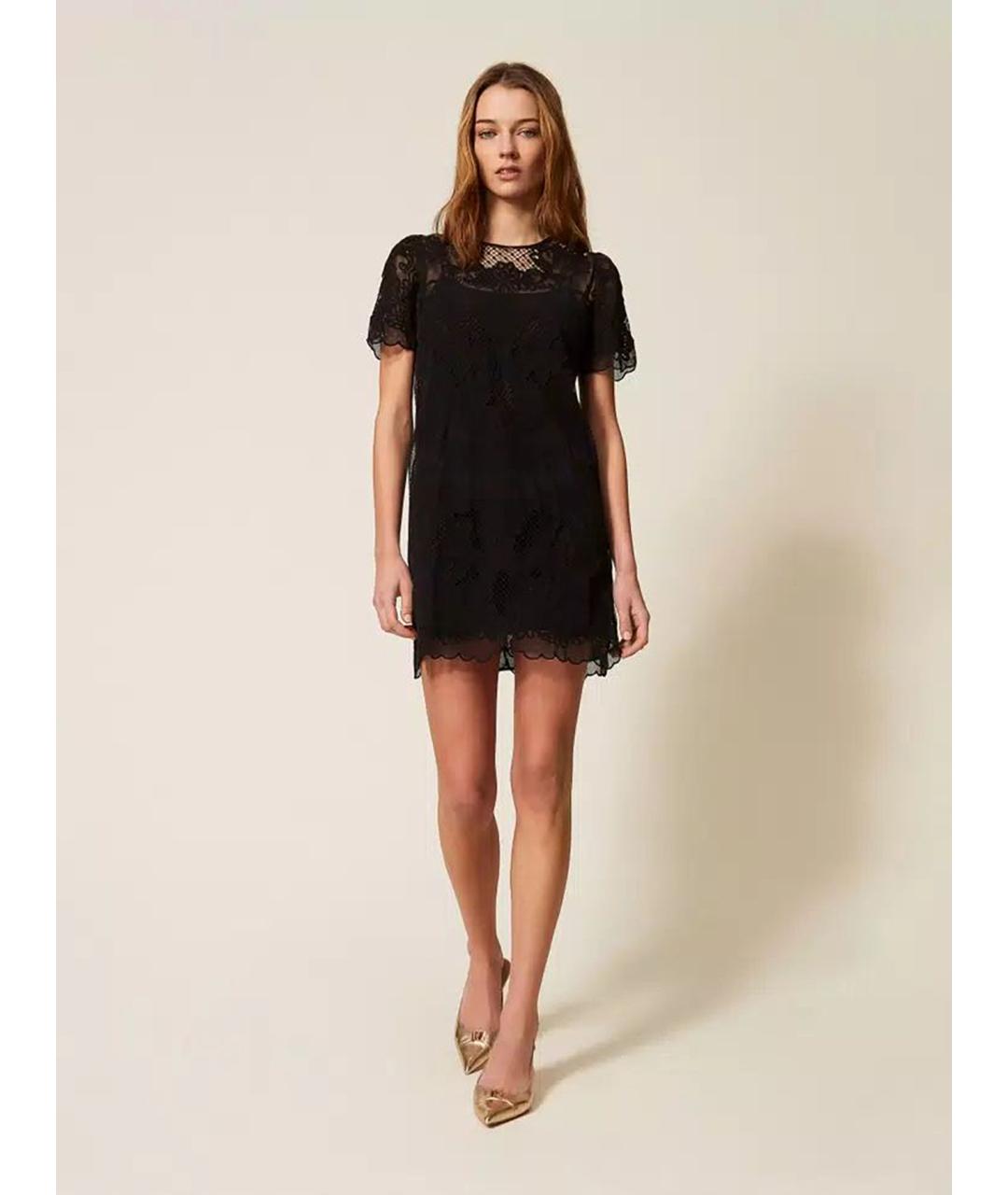 TWIN-SET Черное хлопковое повседневное платье, фото 2