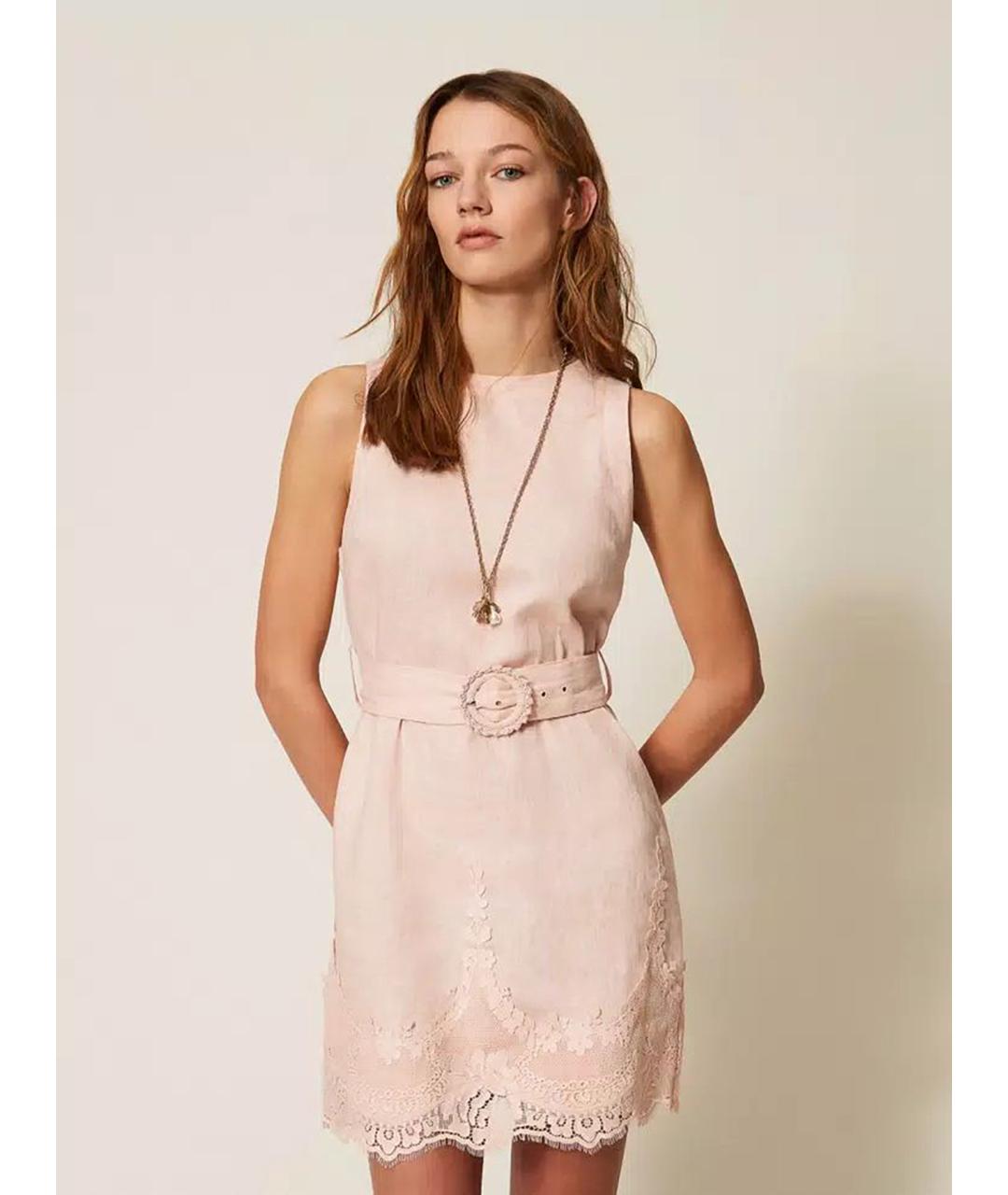 TWIN-SET Розовое льняное повседневное платье, фото 3