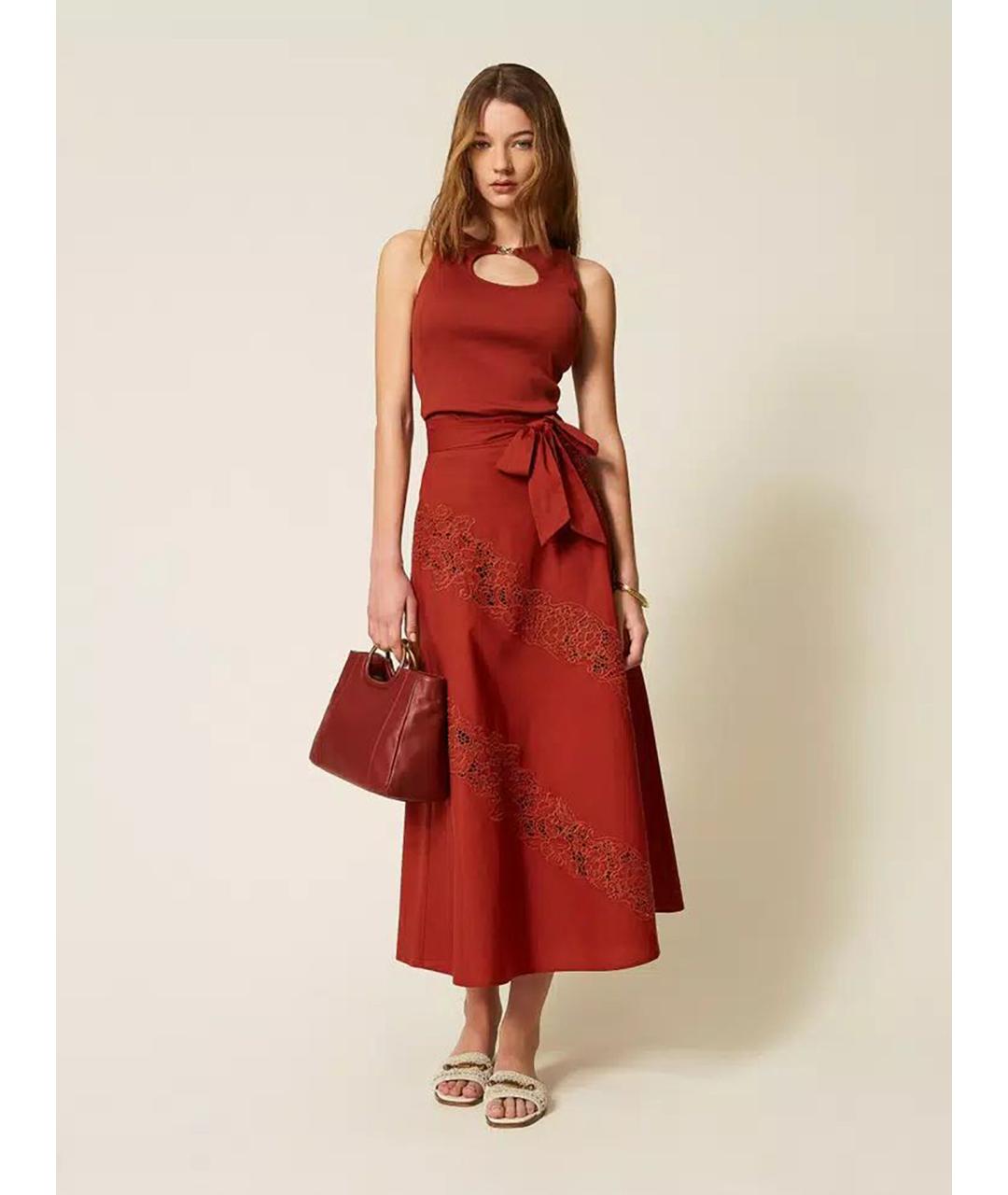 TWIN-SET Красная хлопковая юбка миди, фото 2