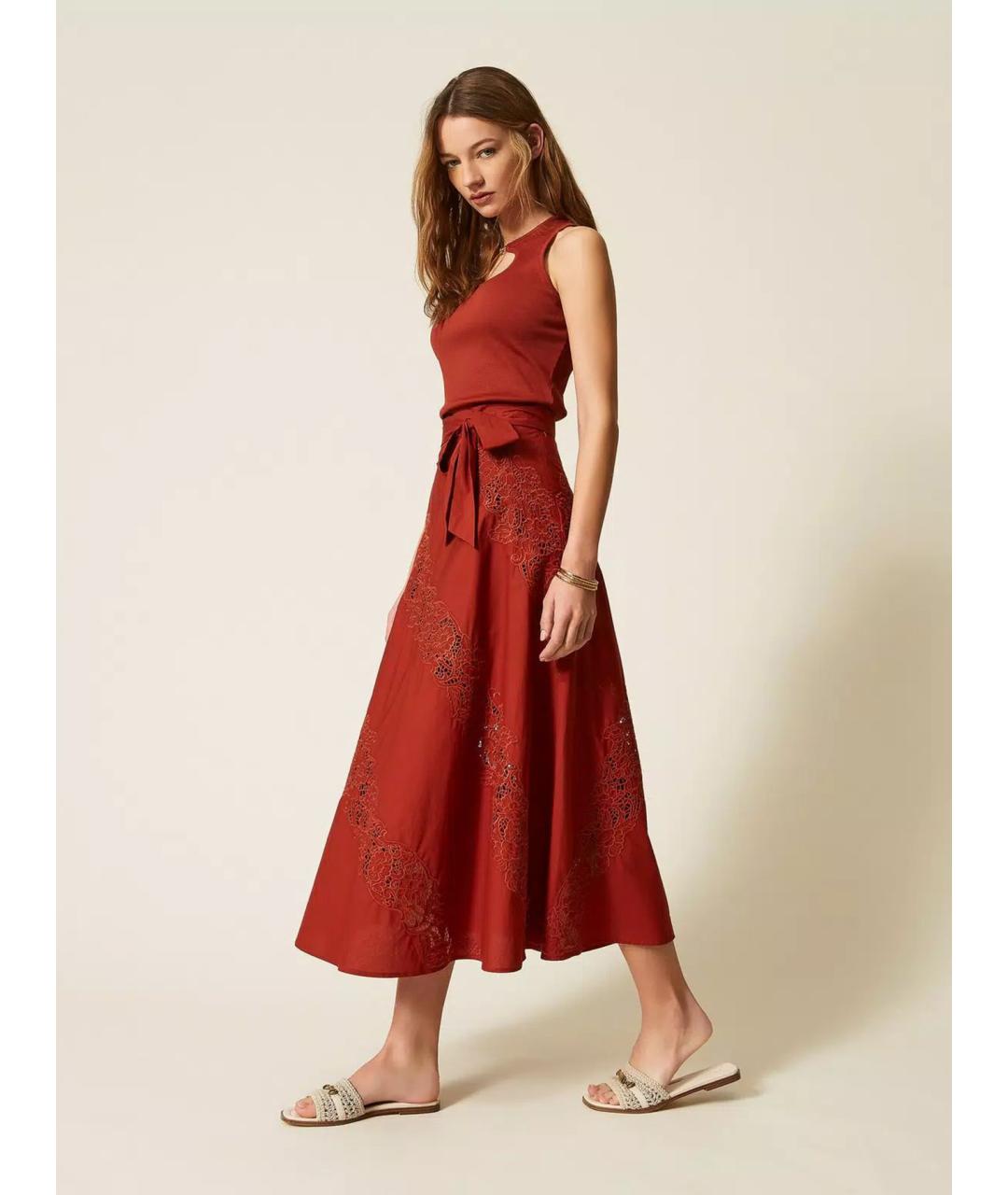 TWIN-SET Красная хлопковая юбка миди, фото 3