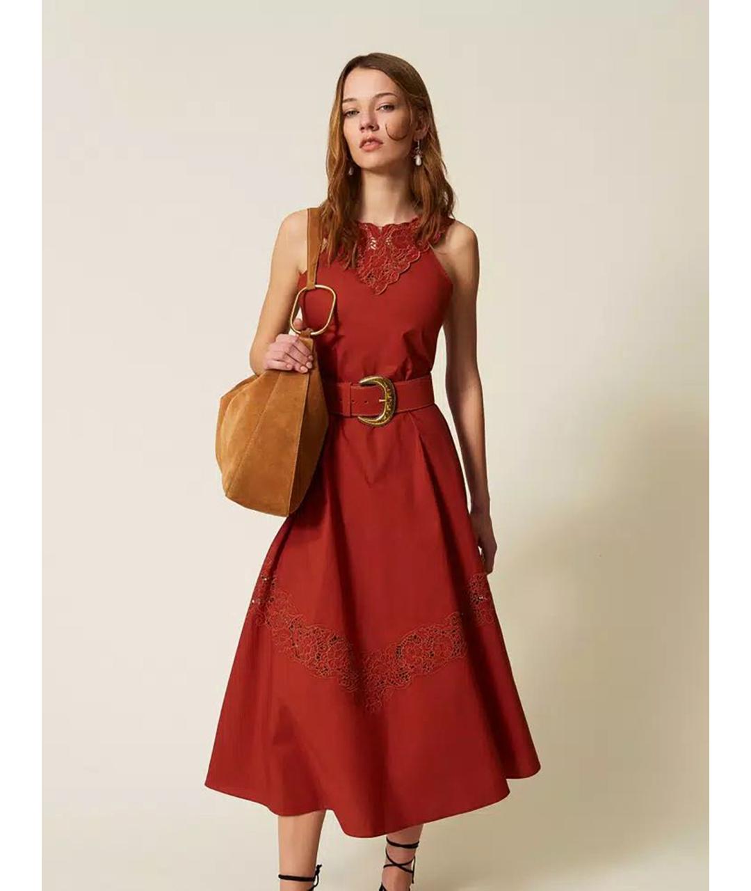 TWIN-SET Красное хлопковое повседневное платье, фото 2