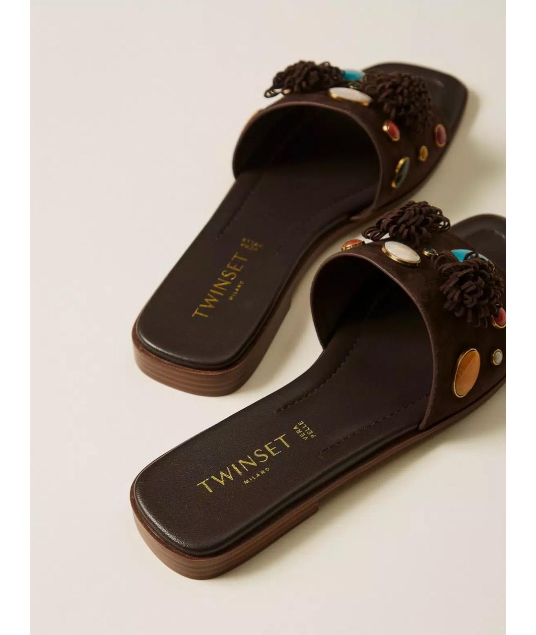 TWIN-SET Коричневые кожаные шлепанцы, фото 4