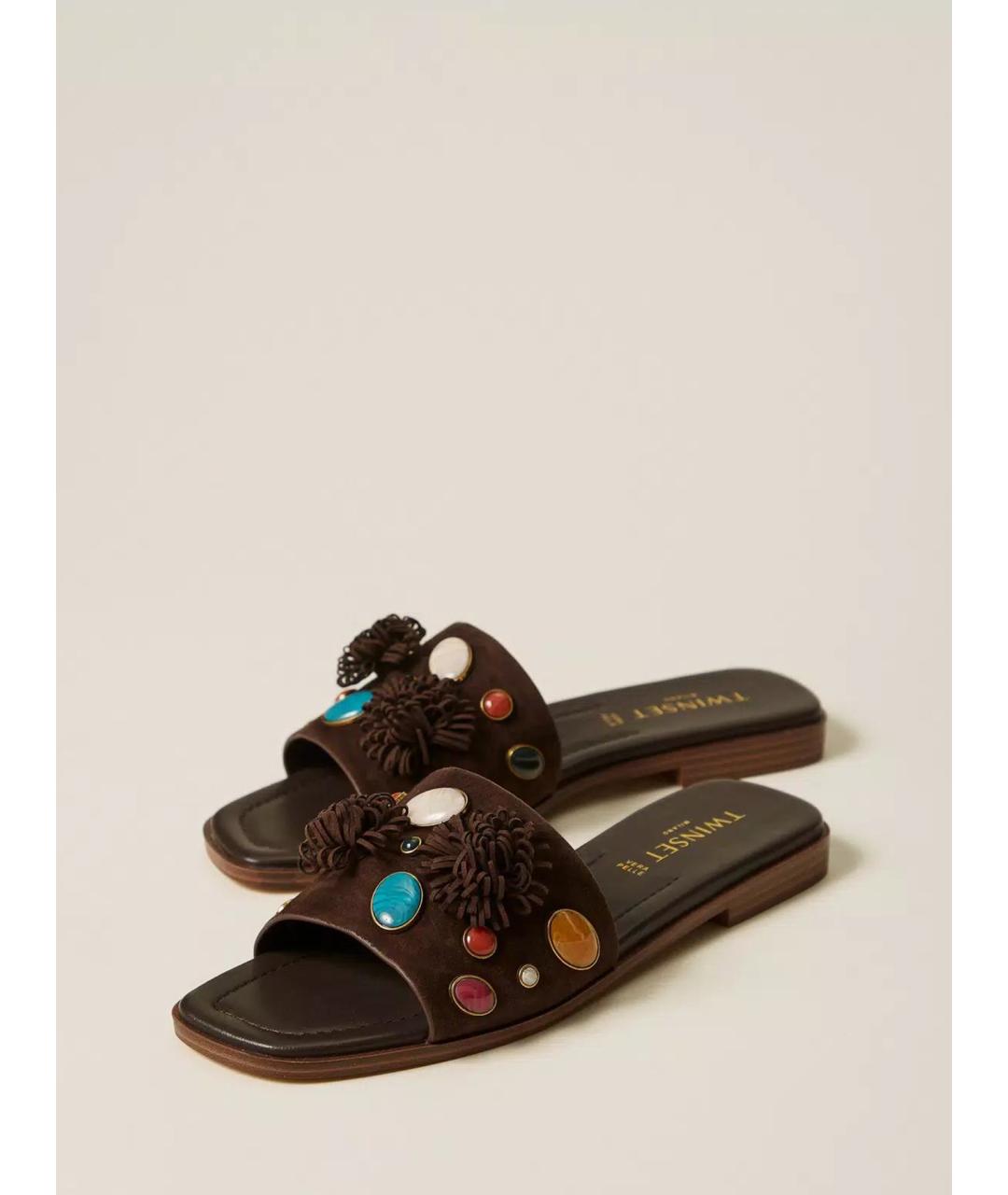 TWIN-SET Коричневые кожаные шлепанцы, фото 2