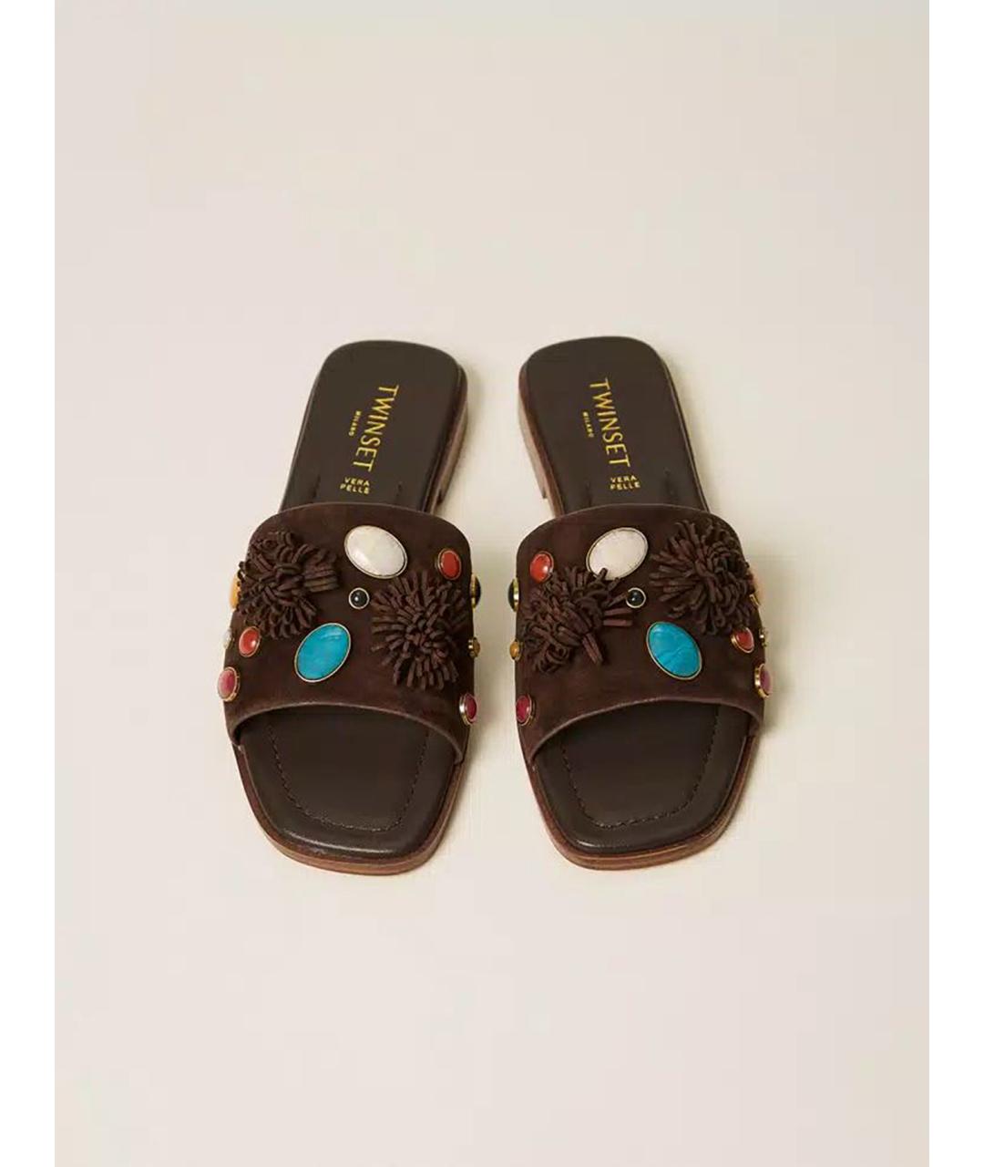 TWIN-SET Коричневые кожаные шлепанцы, фото 3