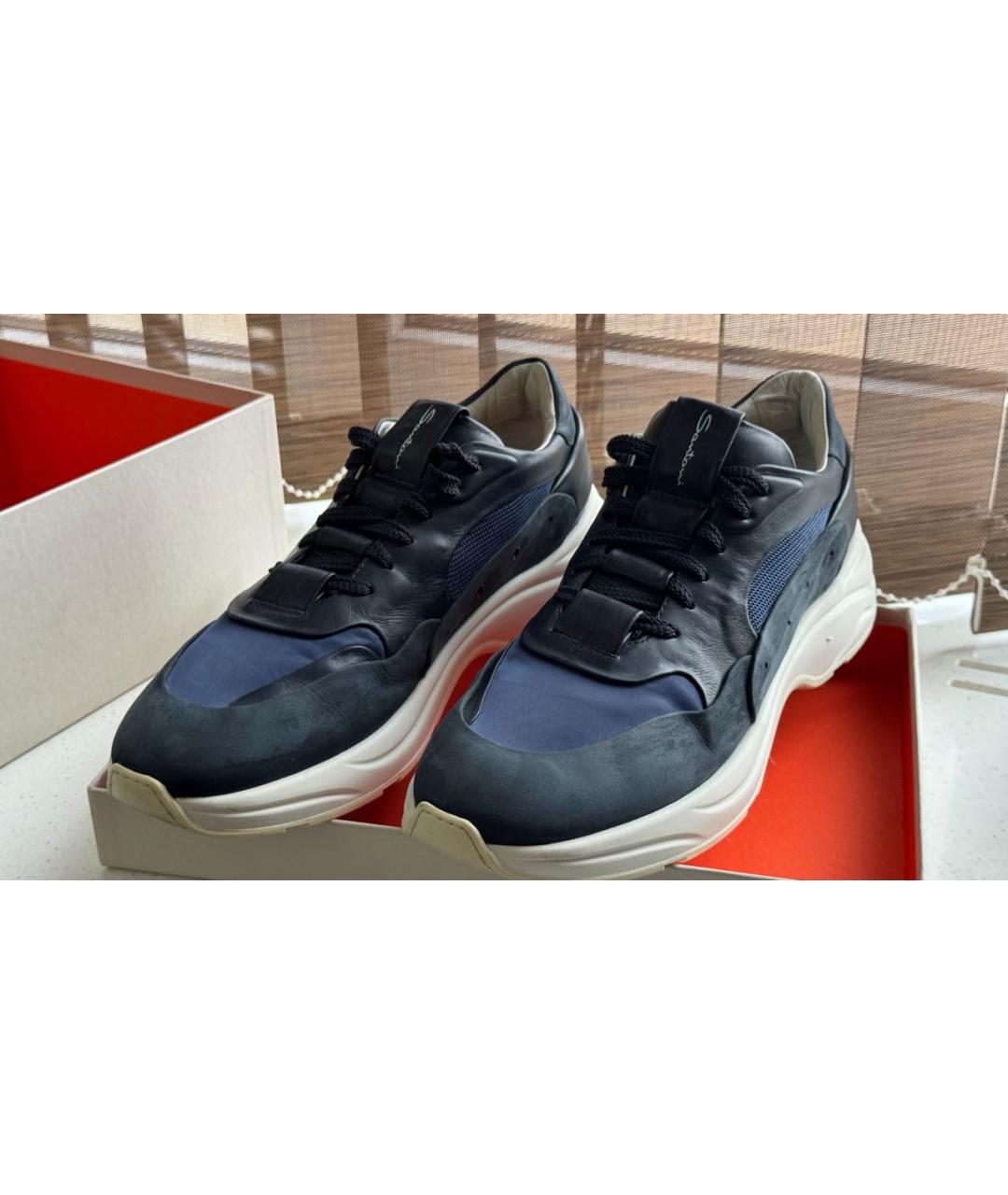 SANTONI Темно-синие кожаные низкие кроссовки / кеды, фото 3