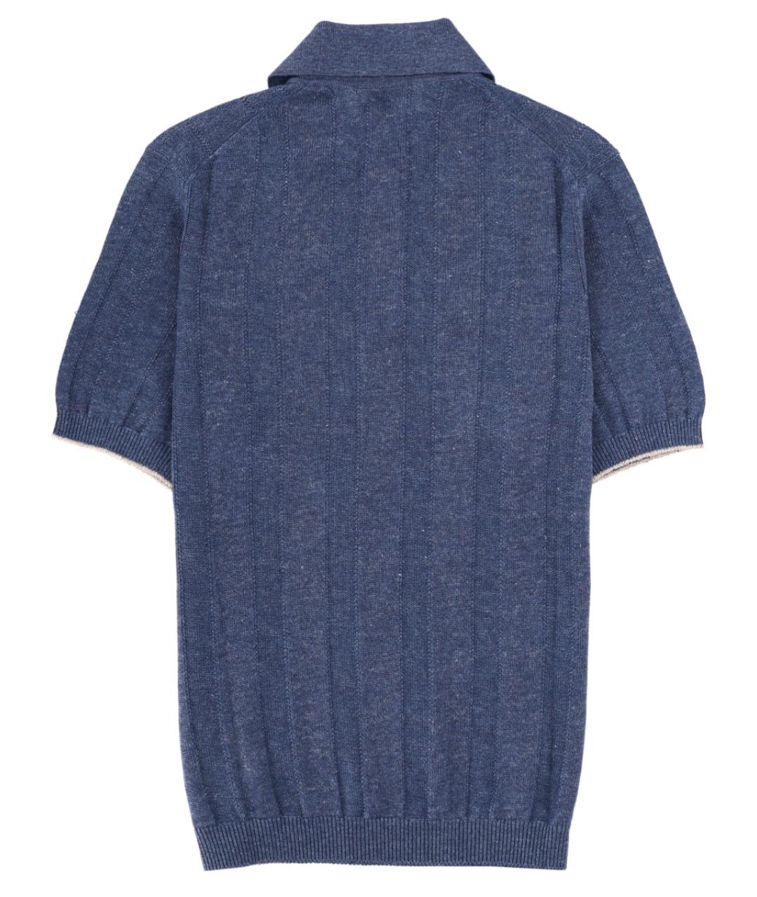 BRUNELLO CUCINELLI Синее хлопко-леновое поло с коротким рукавом, фото 2
