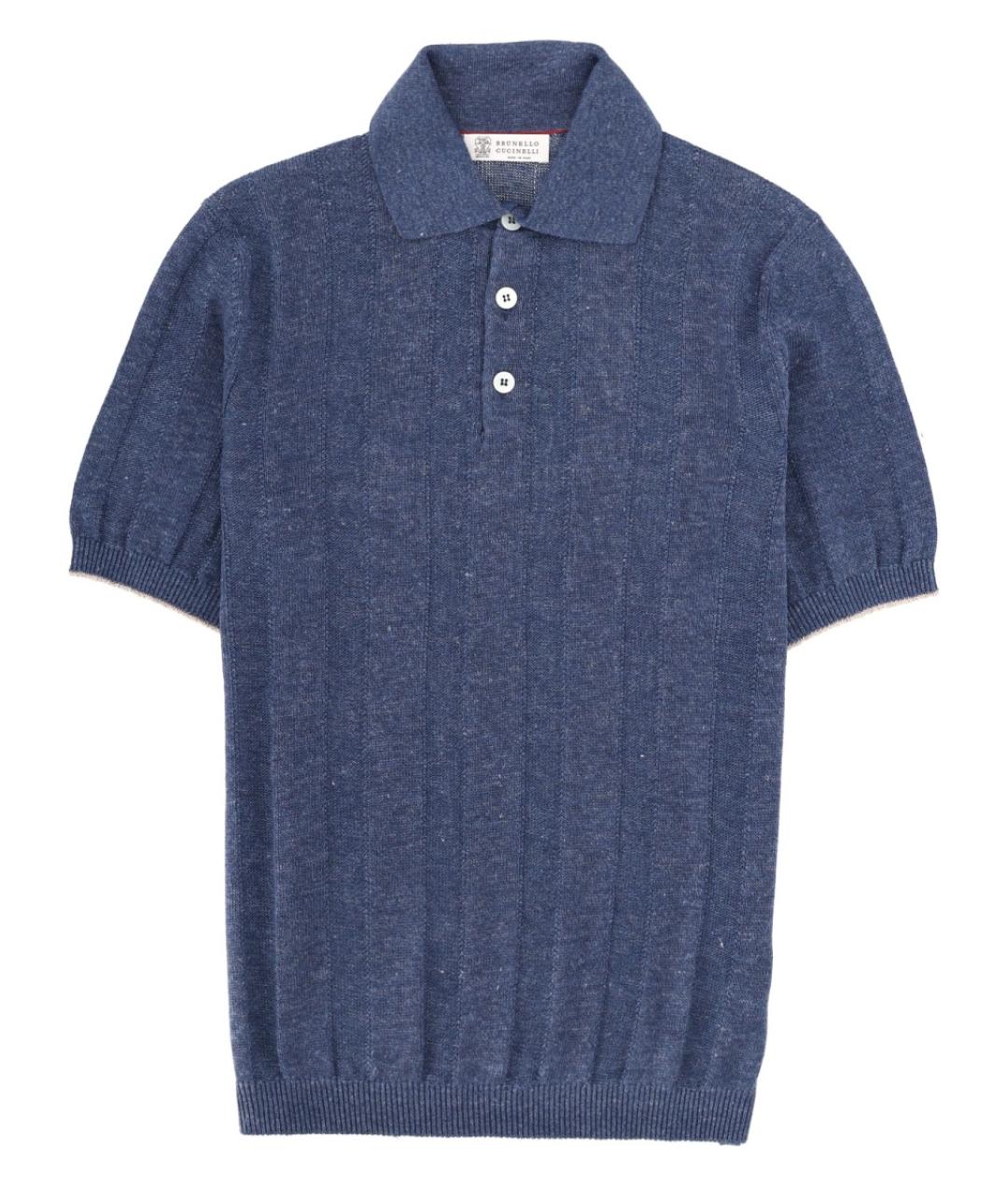 BRUNELLO CUCINELLI Синее хлопко-леновое поло с коротким рукавом, фото 1