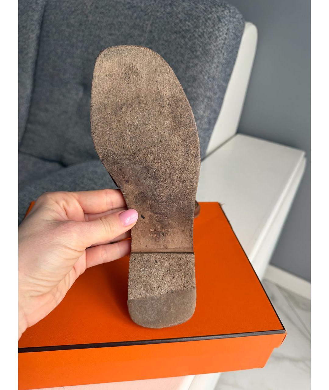 HERMES Коричневые кожаные шлепанцы, фото 3