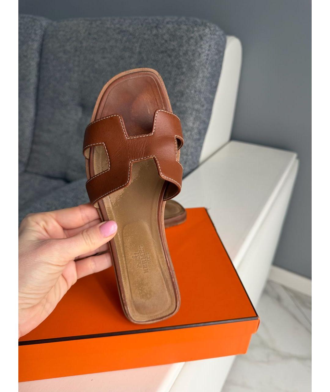 HERMES Коричневые кожаные шлепанцы, фото 2