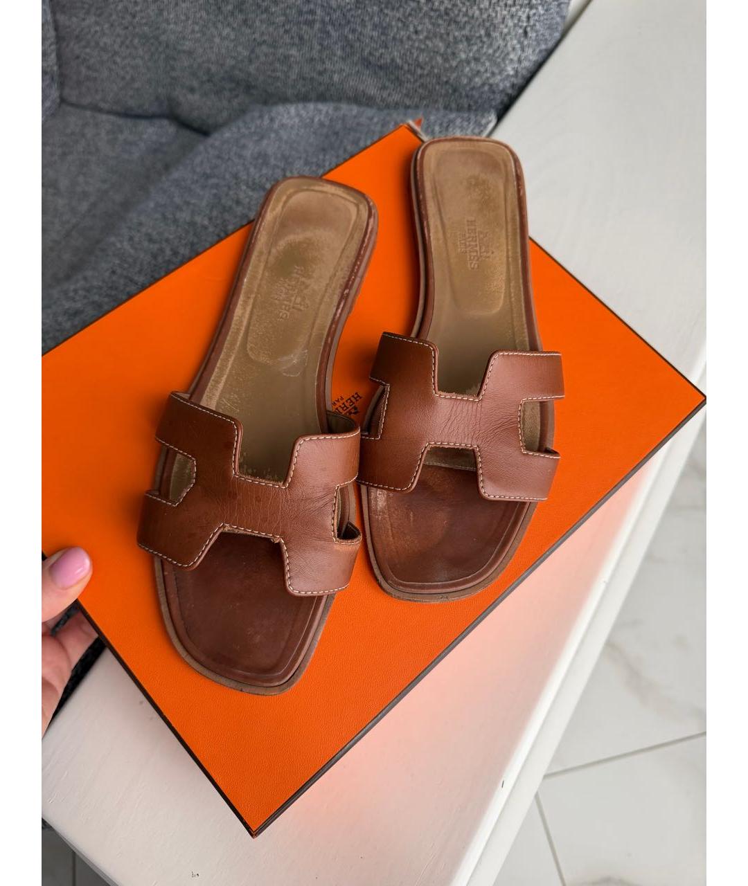 HERMES Коричневые кожаные шлепанцы, фото 4
