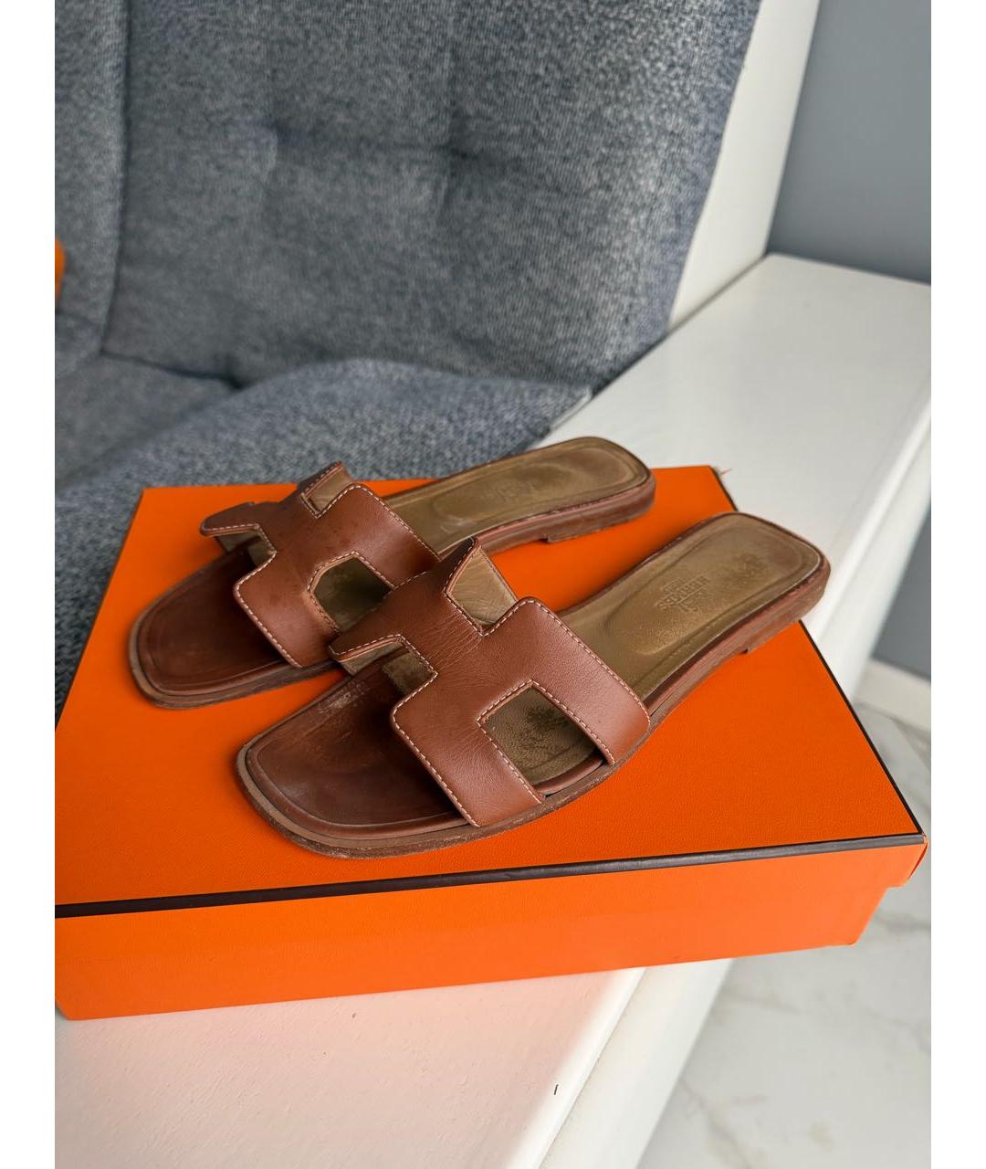 HERMES Коричневые кожаные шлепанцы, фото 5