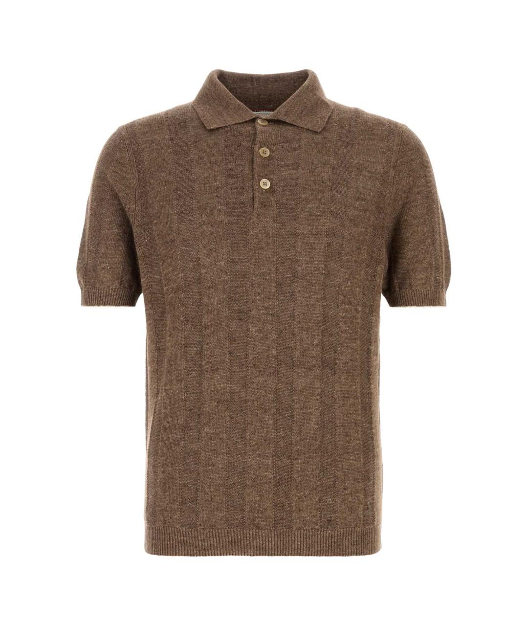 BRUNELLO CUCINELLI Коричневое хлопко-леновое поло с коротким рукавом, фото 1