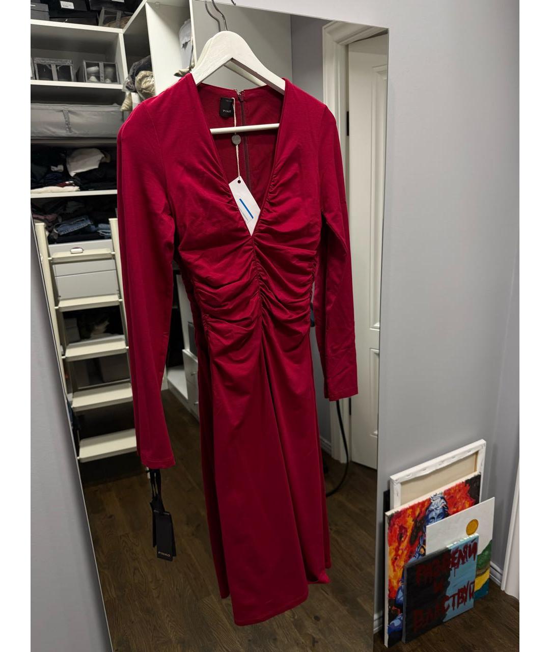 PINKO Бордовое вискозное коктейльное платье, фото 8