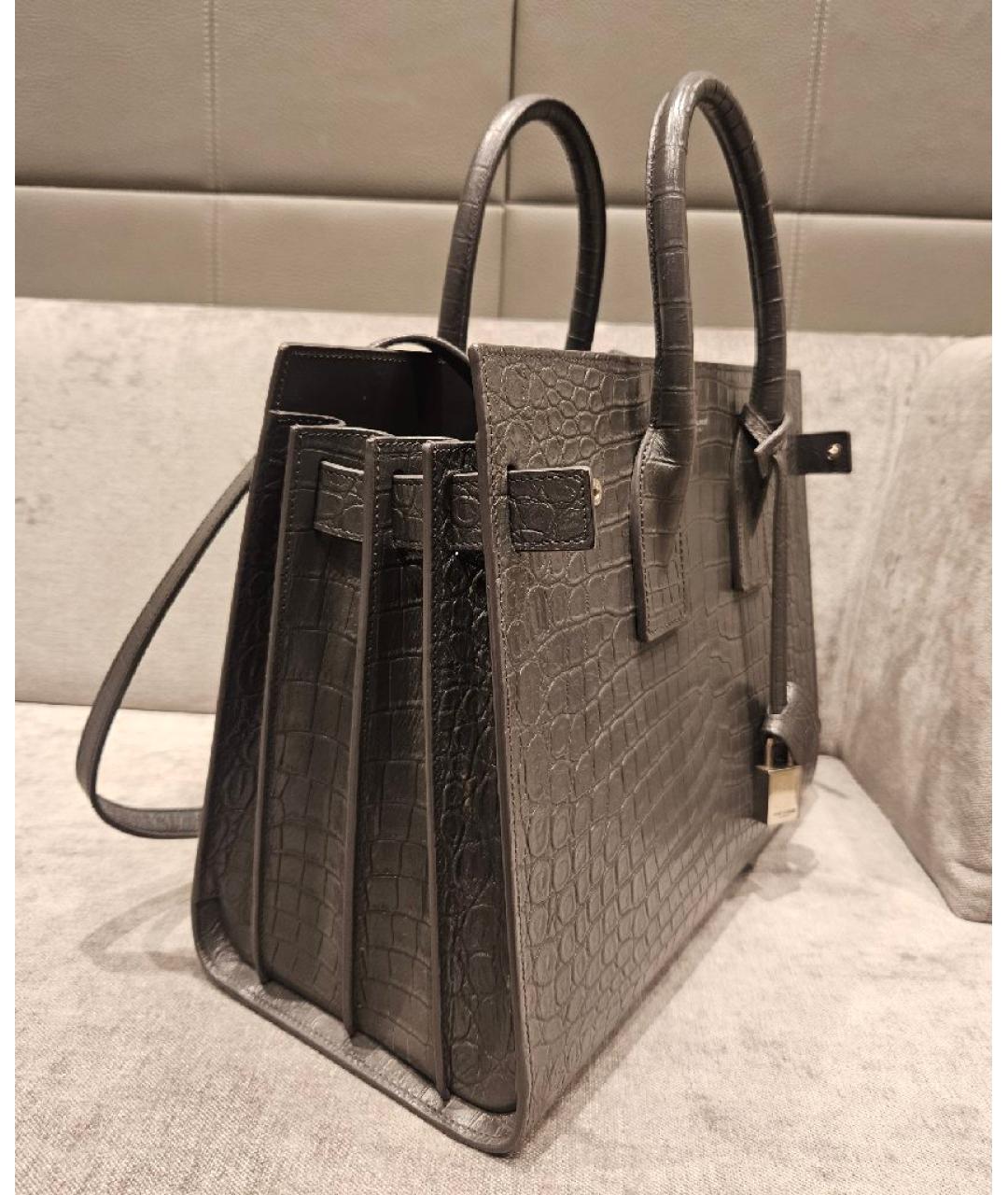 SAINT LAURENT Антрацитовая кожаная сумка с короткими ручками, фото 2