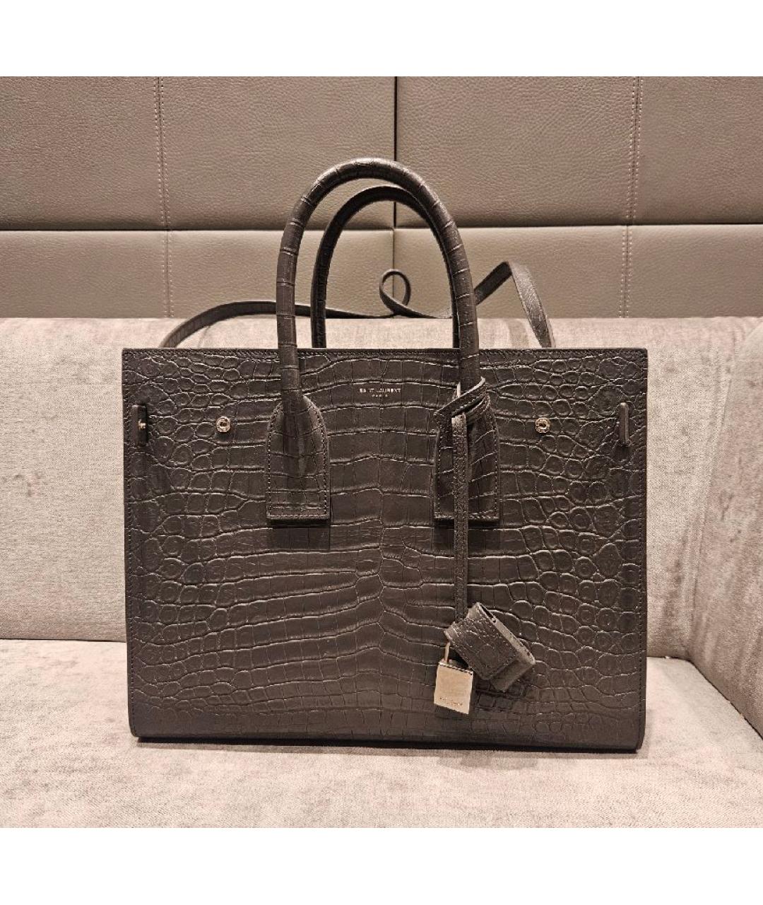 SAINT LAURENT Антрацитовая кожаная сумка с короткими ручками, фото 7