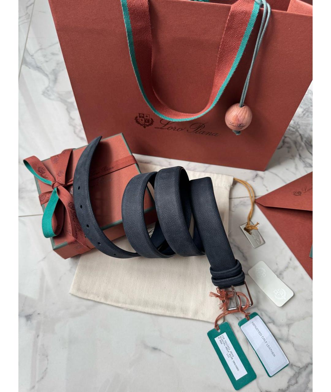 LORO PIANA Темно-синий кожаный ремень, фото 3