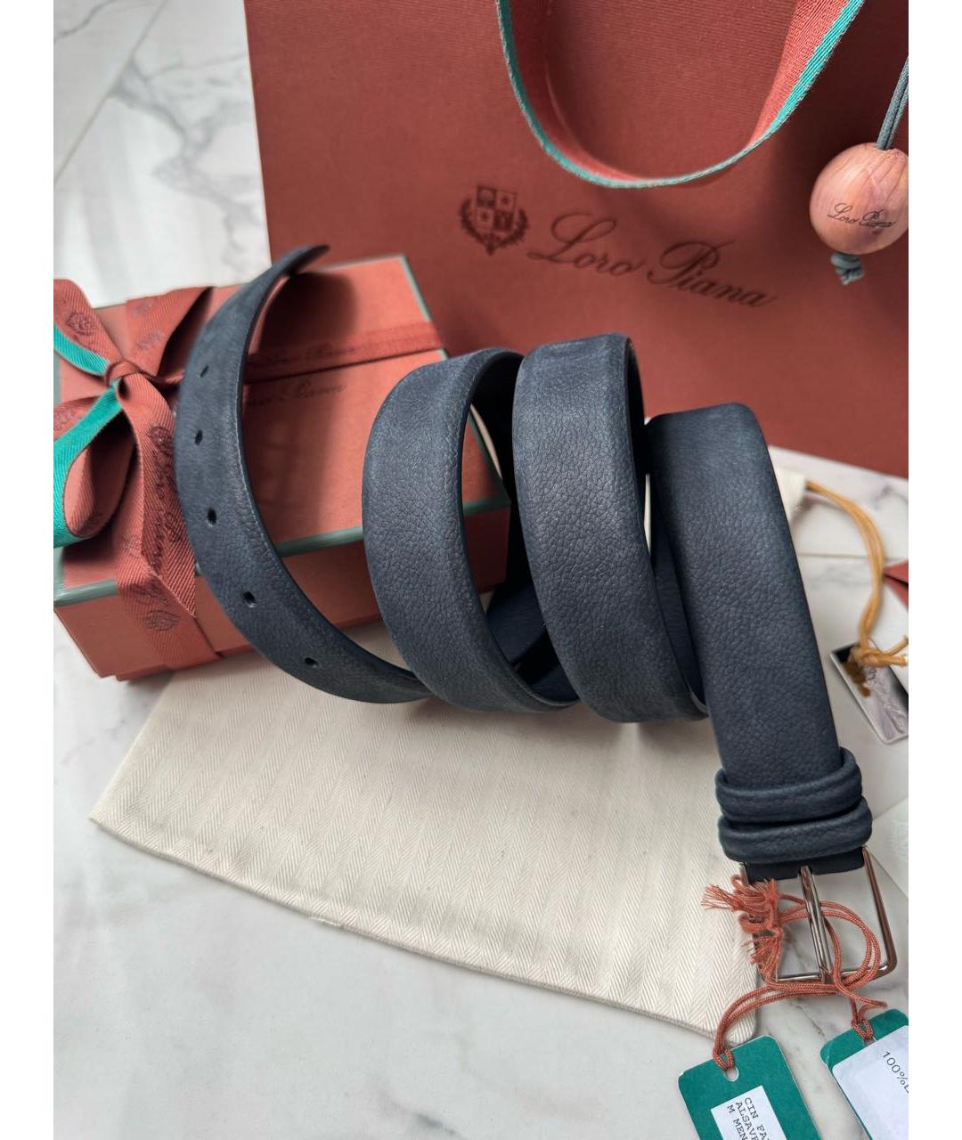 LORO PIANA Темно-синий кожаный ремень, фото 2