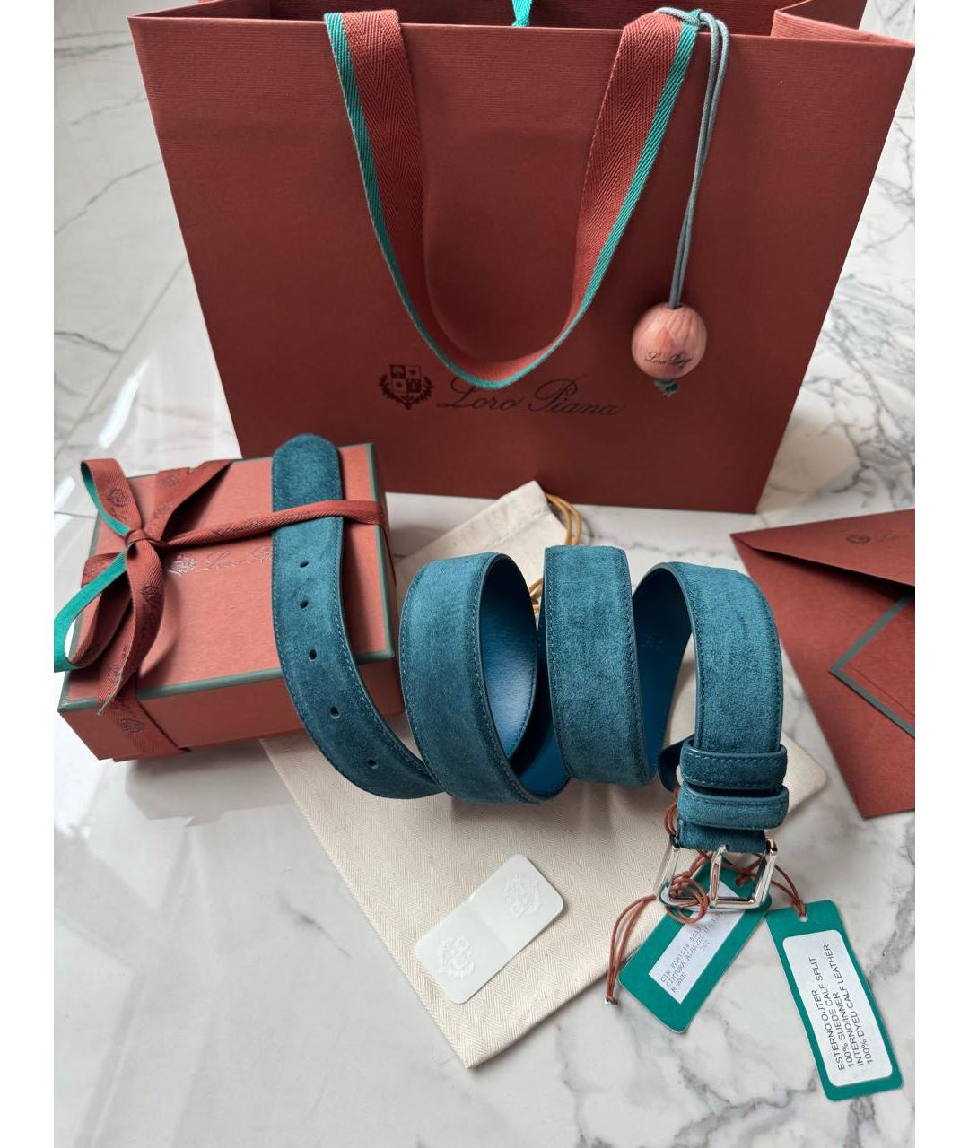 LORO PIANA Бирюзовый замшевый ремень, фото 9