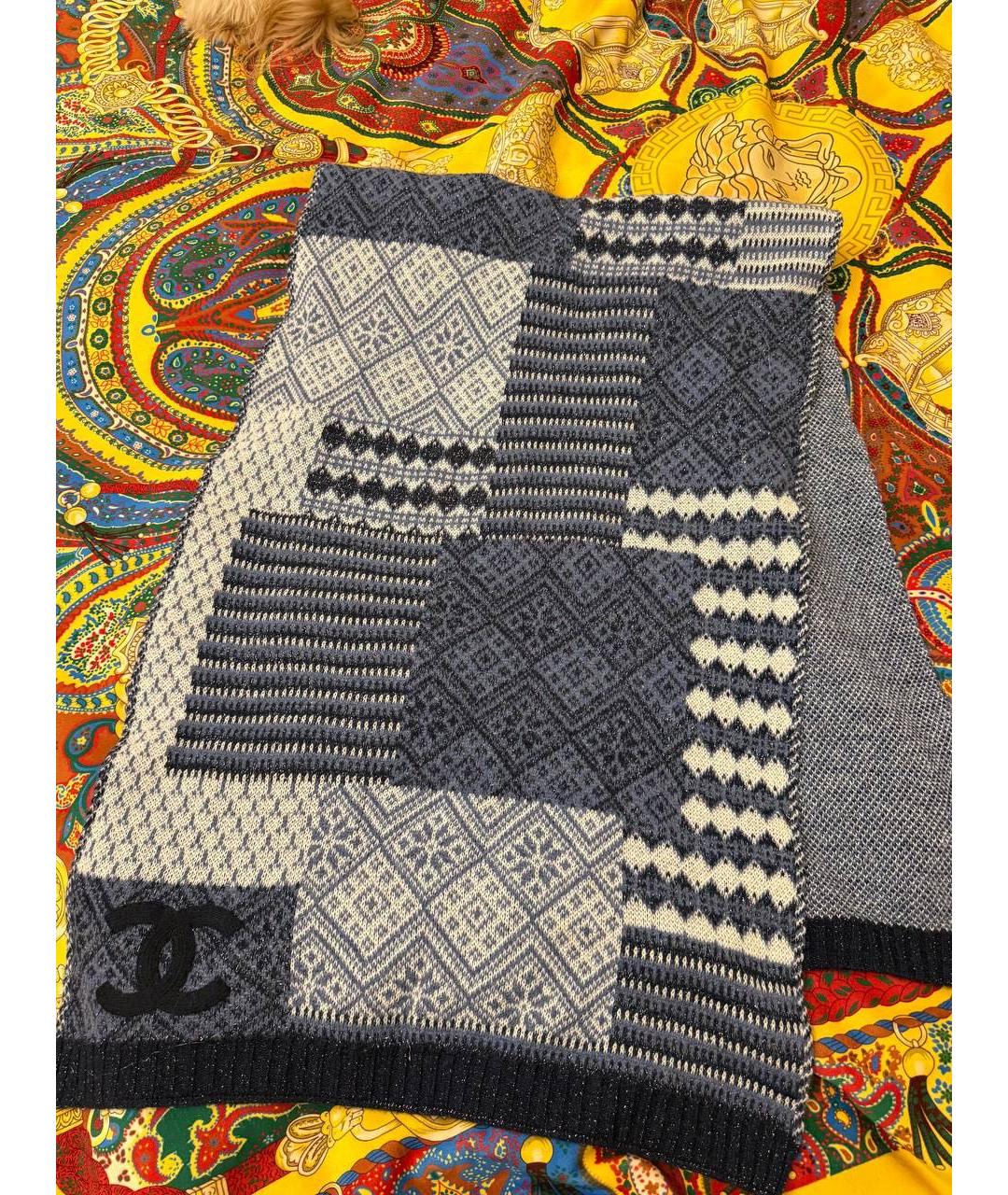 CHANEL Темно-синий шерстяной шарф, фото 3