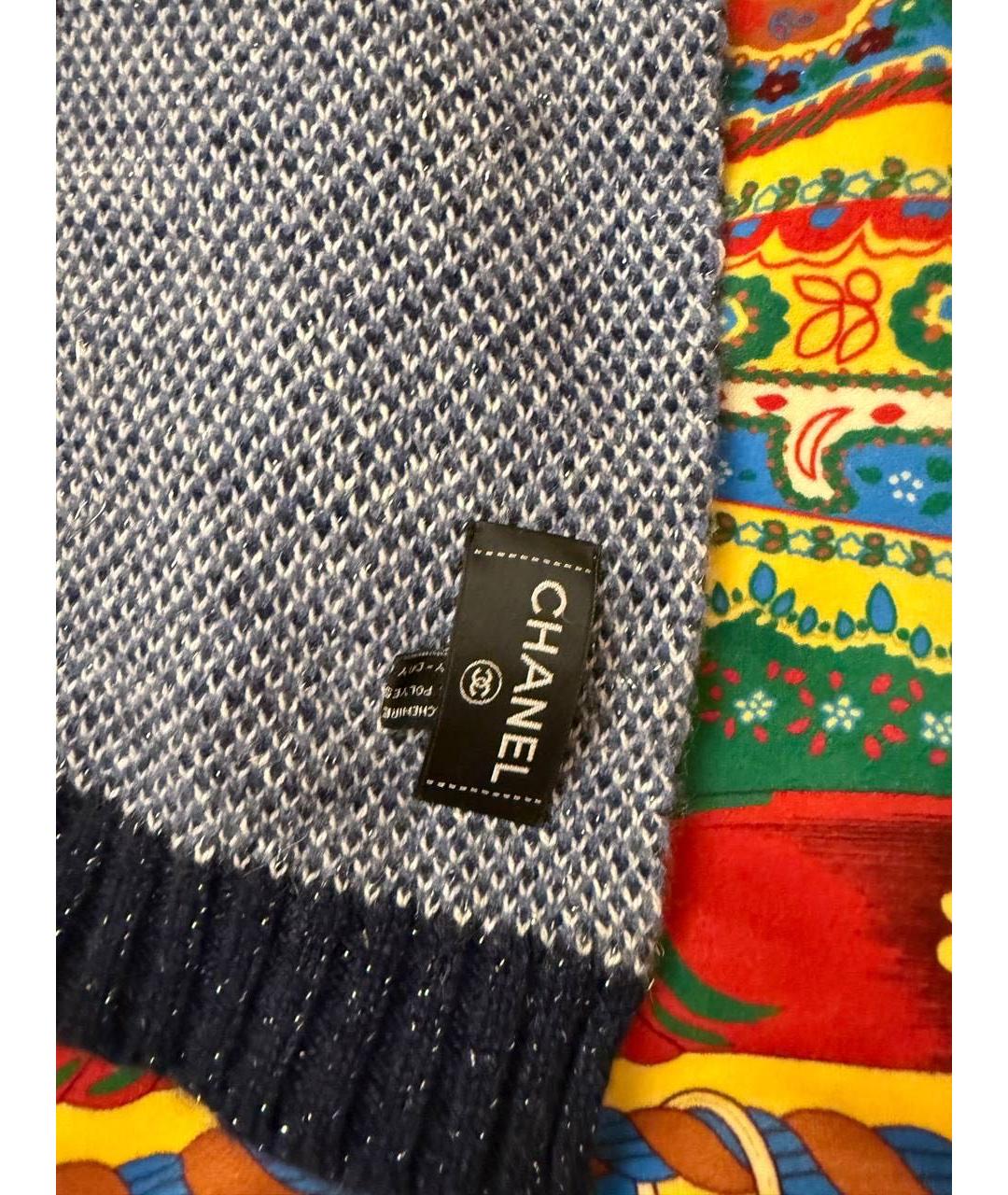 CHANEL Темно-синий шерстяной шарф, фото 2