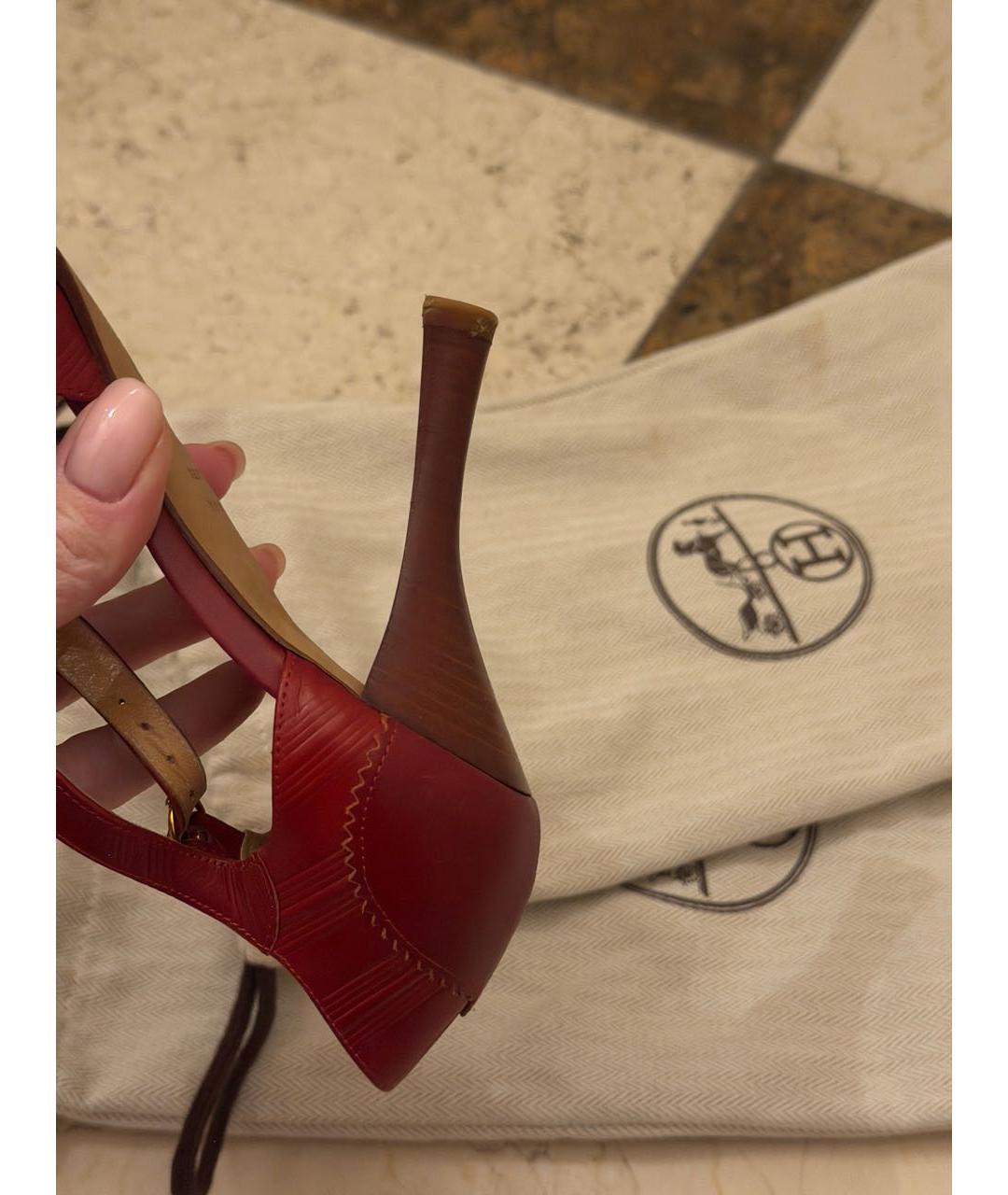 HERMES Бордовые кожаные босоножки, фото 7