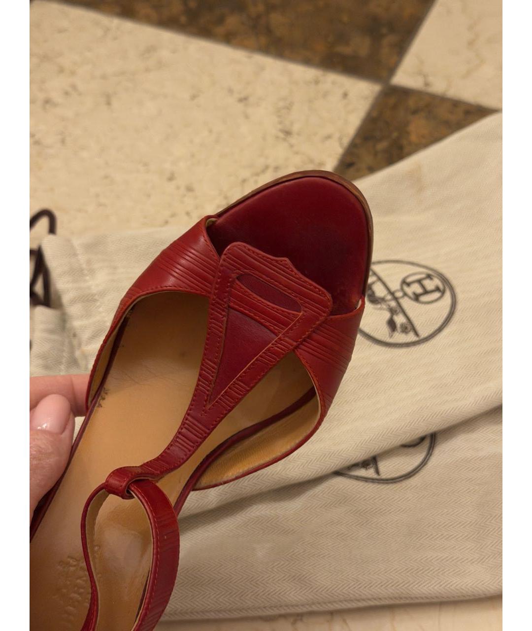 HERMES Бордовые кожаные босоножки, фото 8