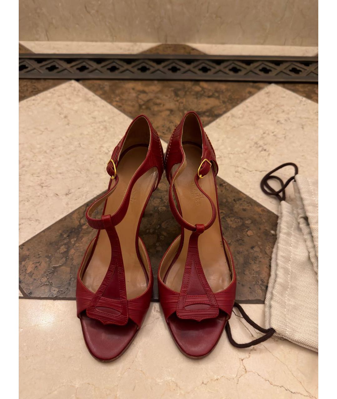 HERMES Бордовые кожаные босоножки, фото 2