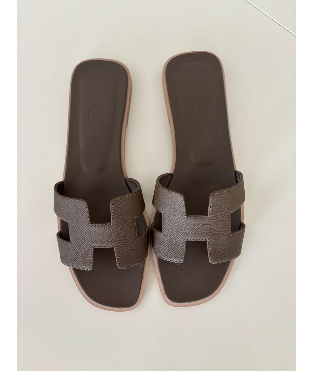 HERMES Хаки кожаные шлепанцы, фото 2
