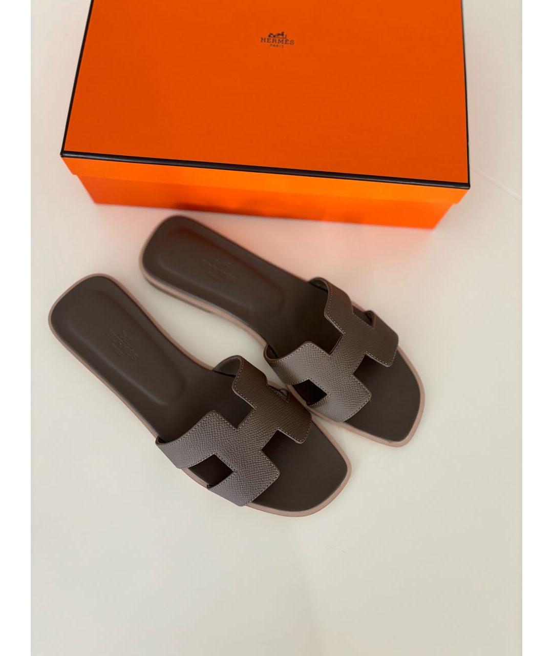 HERMES Хаки кожаные шлепанцы, фото 8