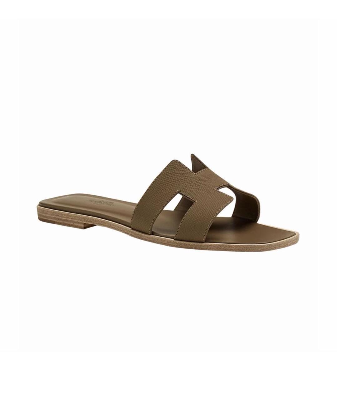 HERMES Хаки кожаные шлепанцы, фото 9