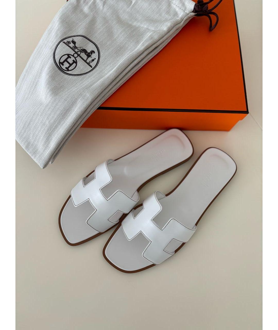 HERMES Белые кожаные шлепанцы, фото 8