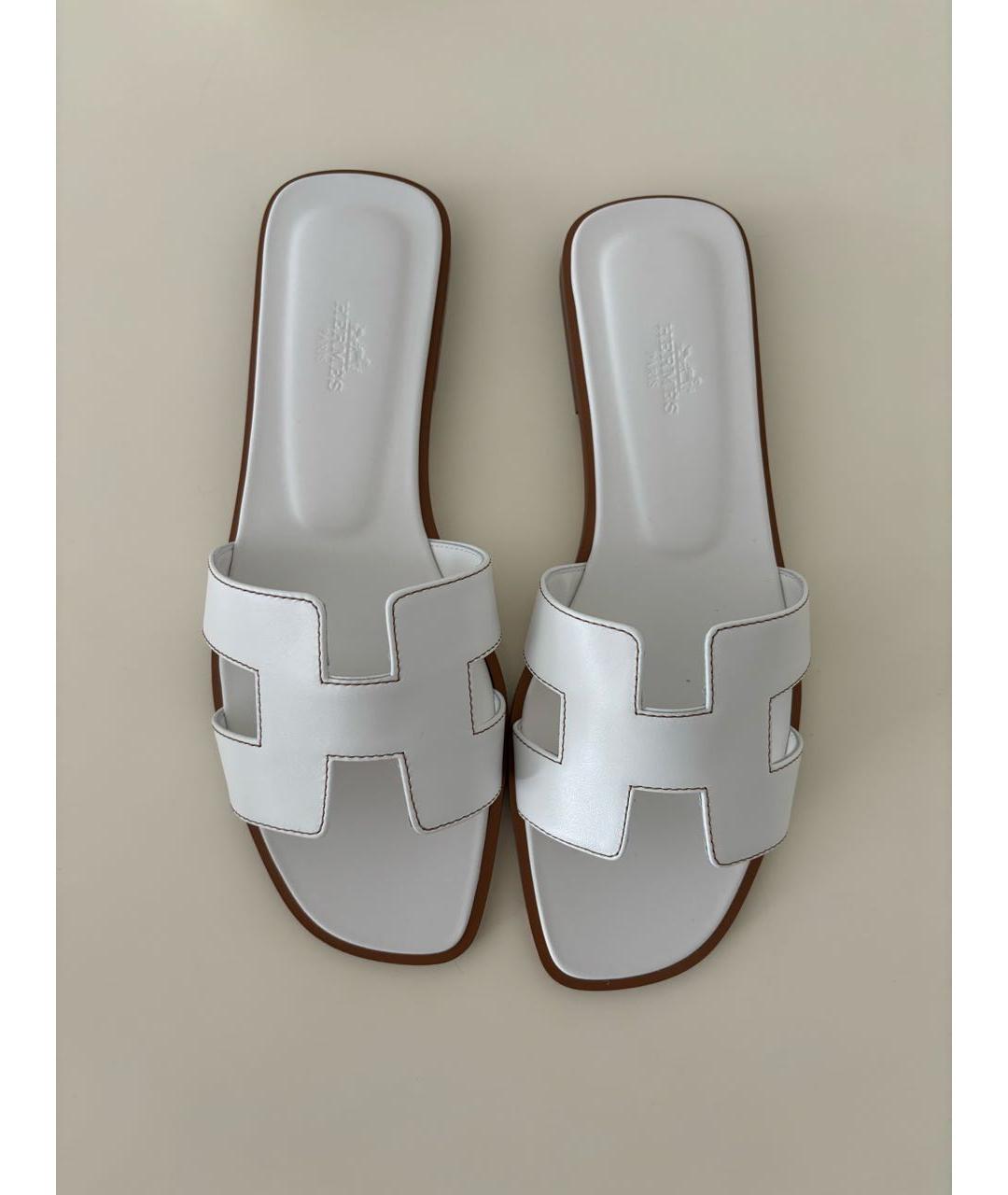 HERMES Белые кожаные шлепанцы, фото 2