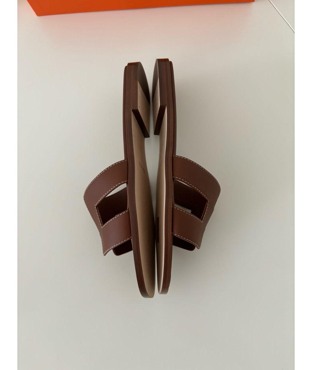 HERMES Коричневые кожаные шлепанцы, фото 4