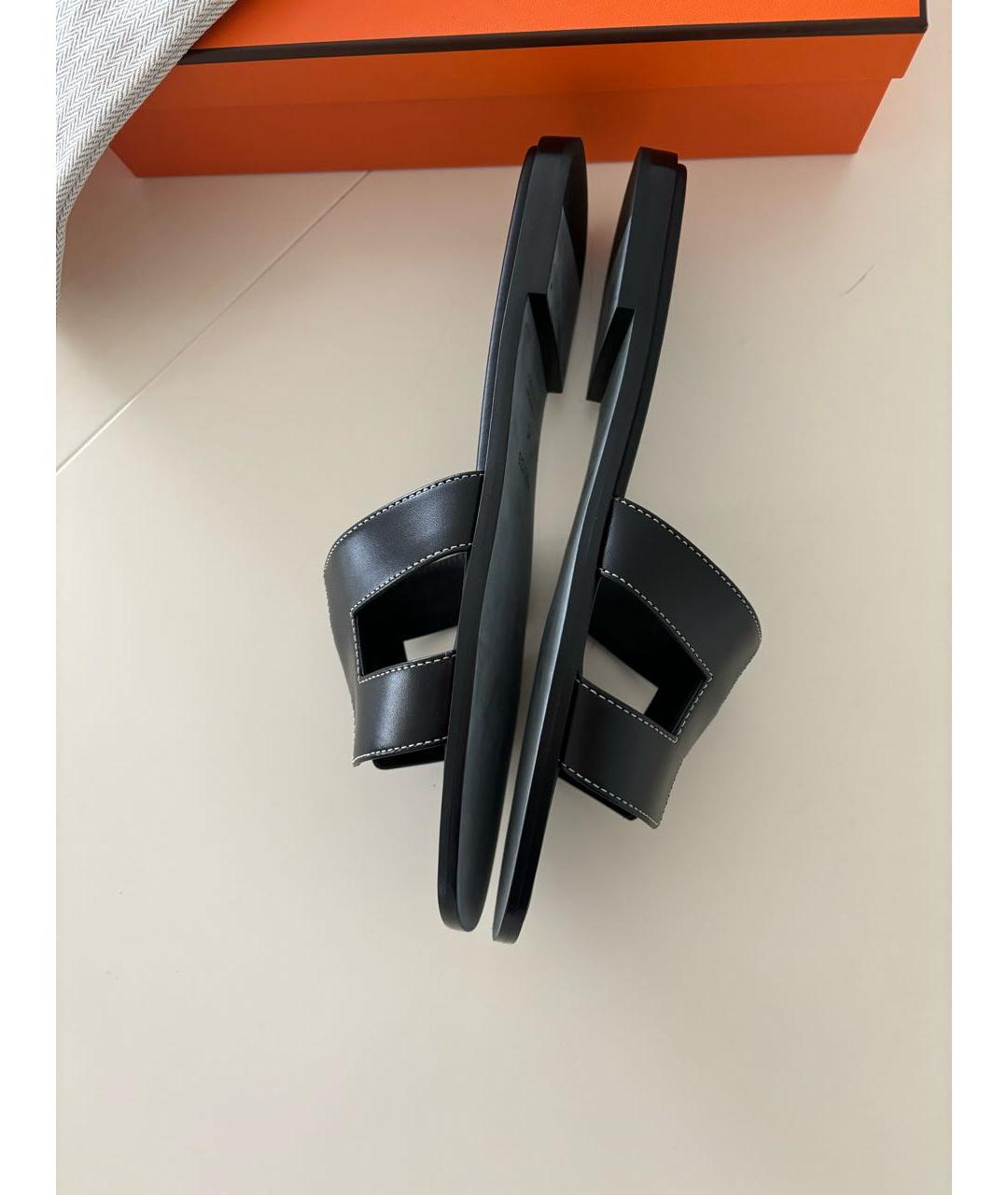 HERMES Черные кожаные шлепанцы, фото 4