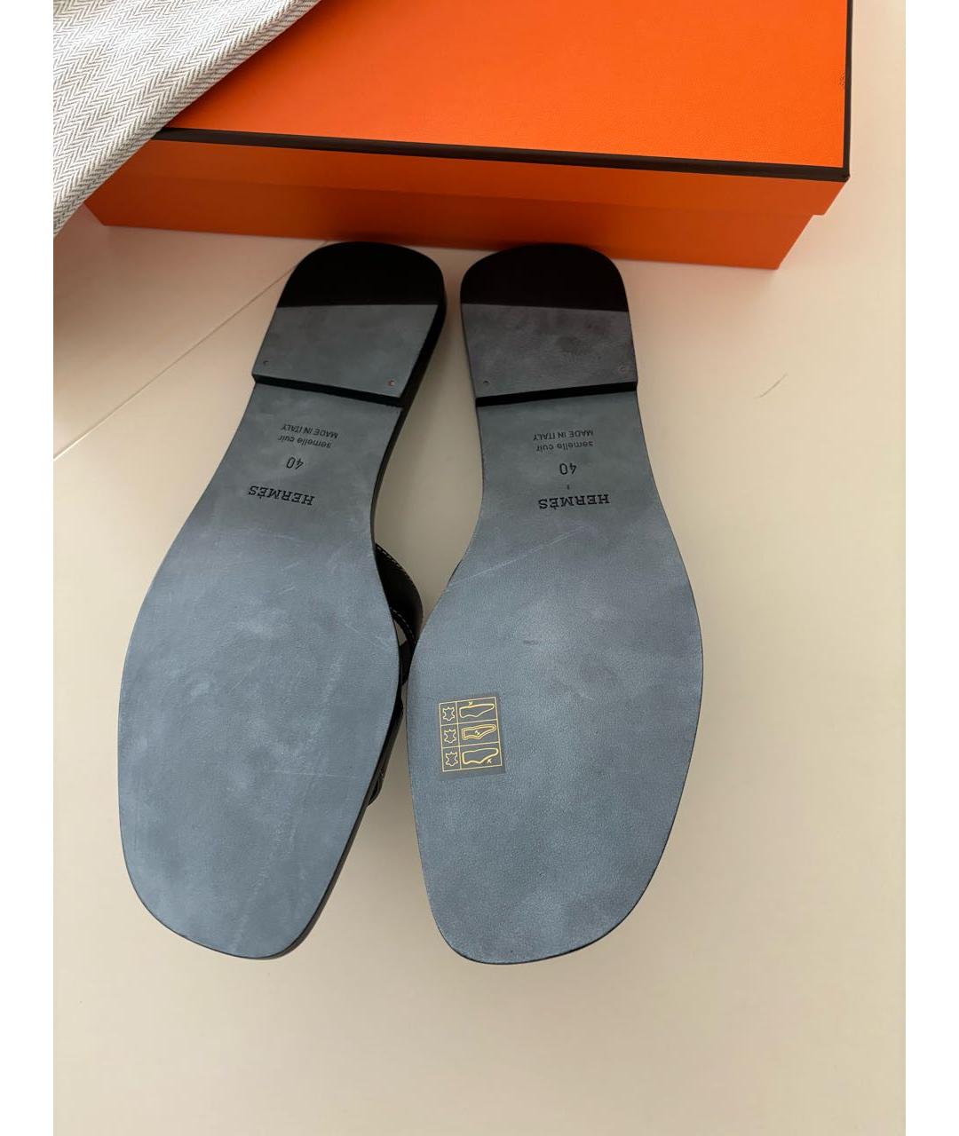 HERMES Черные кожаные шлепанцы, фото 5