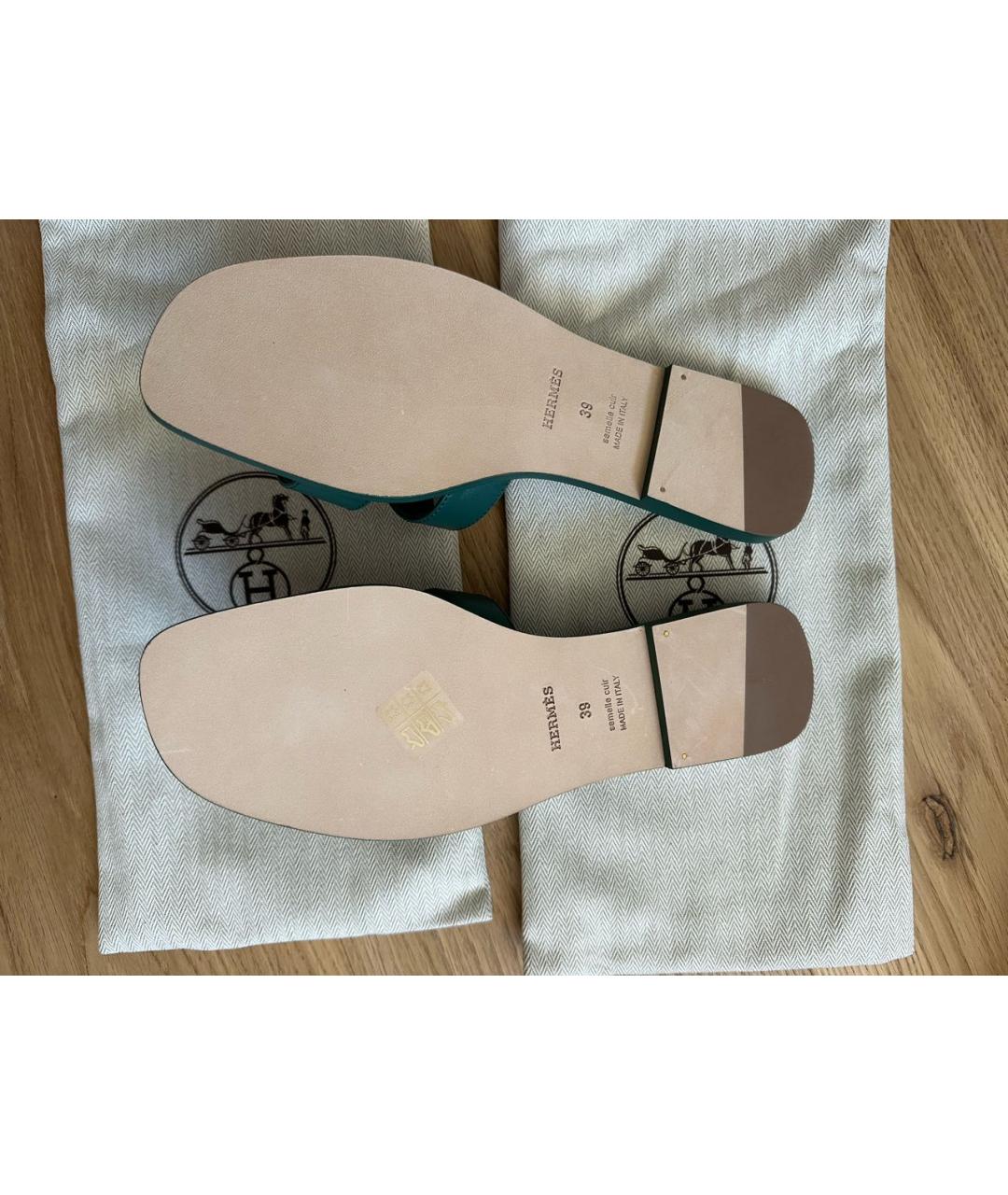 HERMES Зеленые кожаные шлепанцы, фото 5