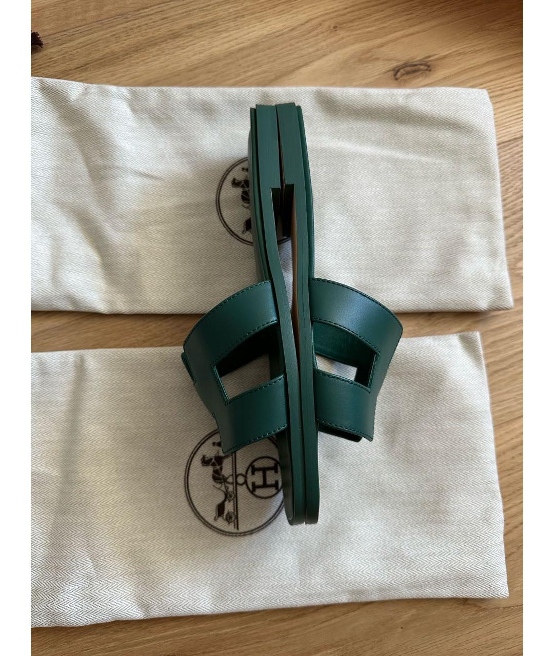 HERMES Зеленые кожаные шлепанцы, фото 4