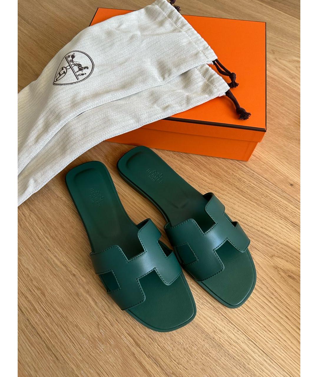 HERMES Зеленые кожаные шлепанцы, фото 8