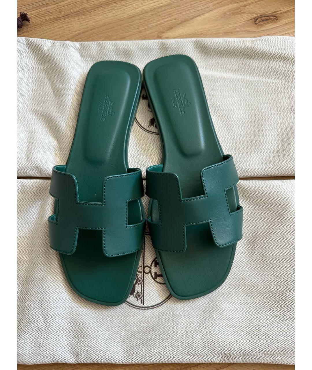 HERMES Зеленые кожаные шлепанцы, фото 2
