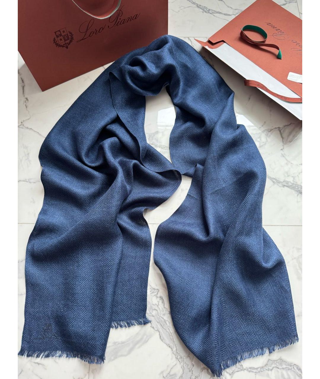 LORO PIANA Темно-синий льняной шарф, фото 9