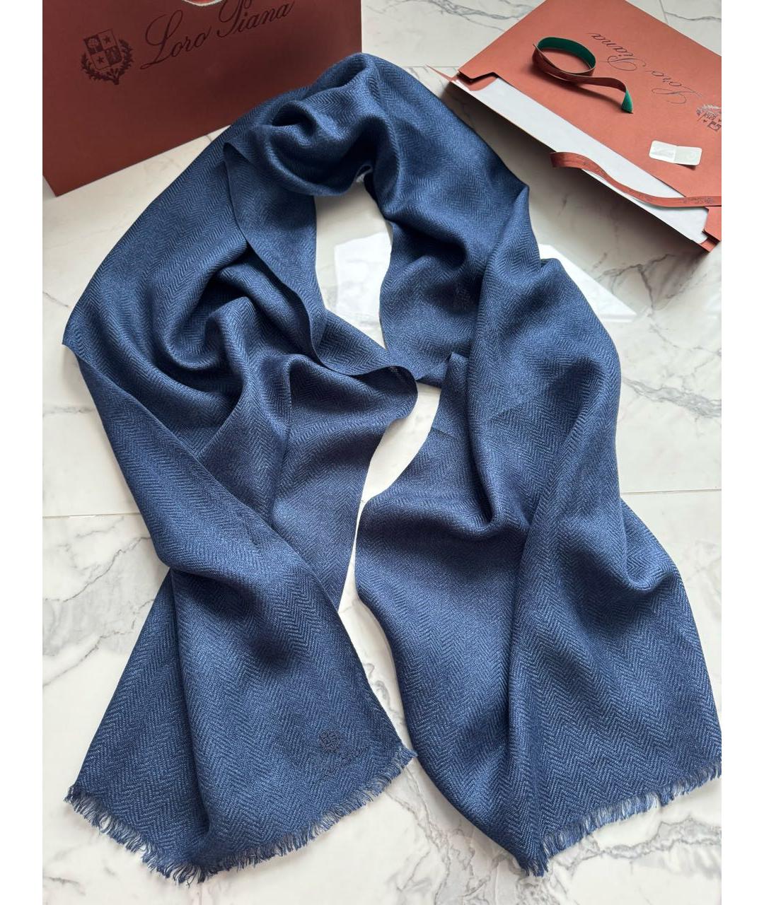 LORO PIANA Темно-синий льняной шарф, фото 3