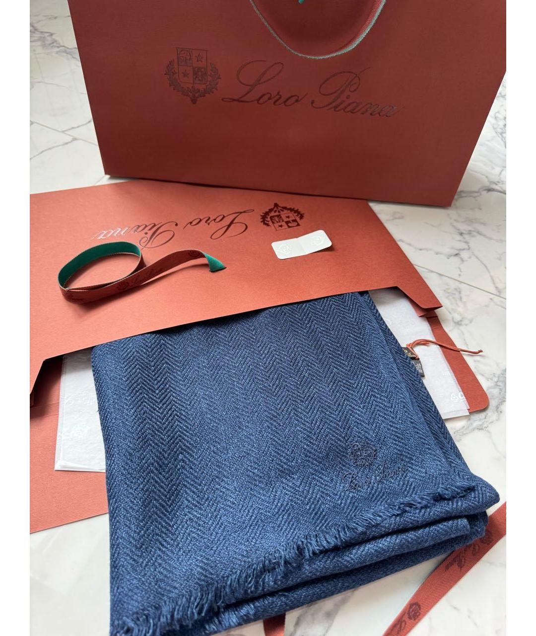 LORO PIANA Темно-синий льняной шарф, фото 6