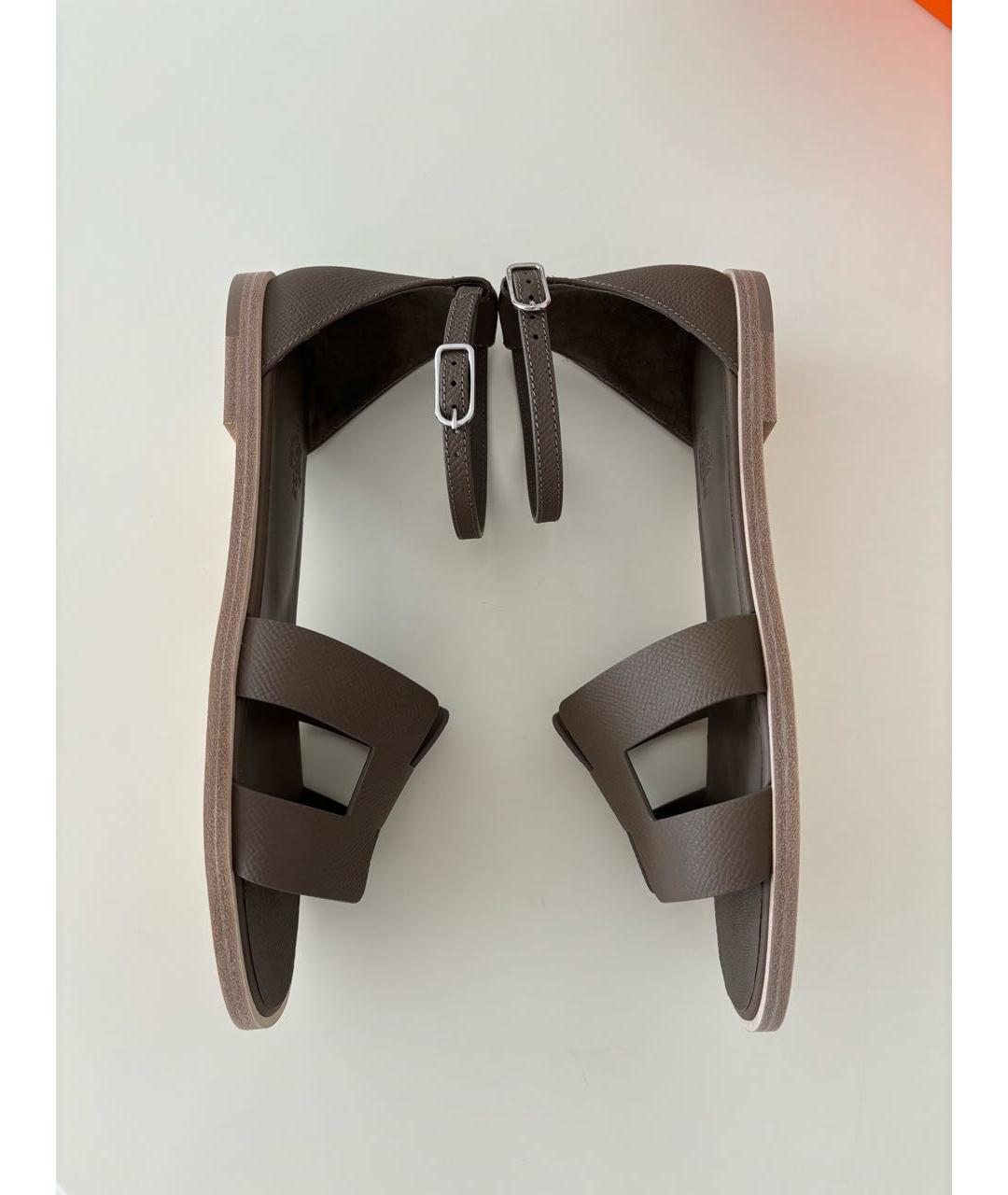 HERMES Хаки кожаные сандалии, фото 3